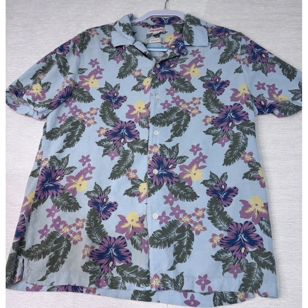 Joe Fresh Men's L Blue Floral Hawaiian Short Sleeve Slim Fit Button-Up Shirt